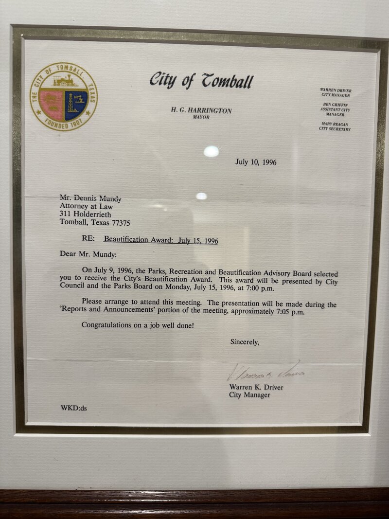 Letter from City of Tomball City Manager Warren K. Driver dated July 10, 1996, notifying Dennis Mundy of the Beautification Award presentation at City Council on July 15, 1996