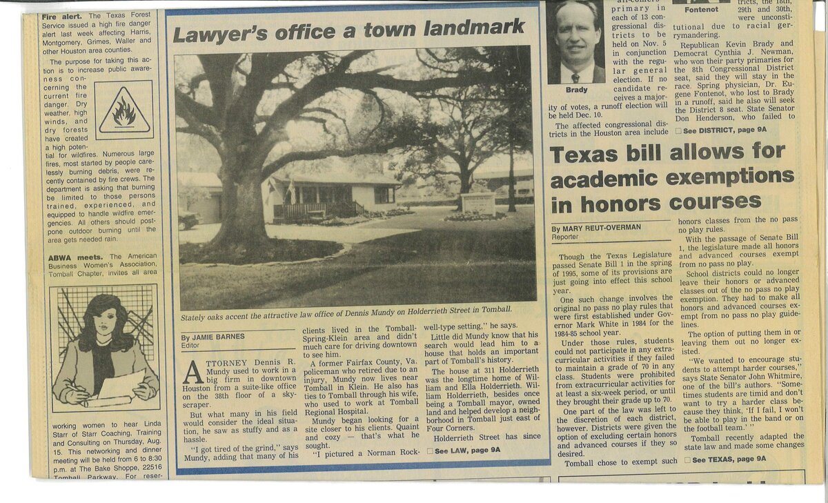 Front page of the Tomball Sun newspaper, August 14, 1996, featuring the article Lawyer's office a town landmark about Dennis Mundy's office at 311 Holderrieth Boulevard in Tomball, Texas