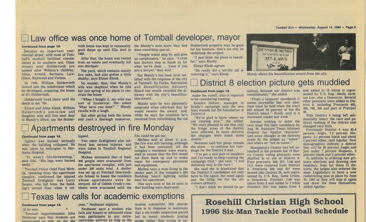 Continuation of Tomball Sun article, August 14, 1996, page 9, showing Dennis Mundy's beautification award and the history of the Holderrieth property